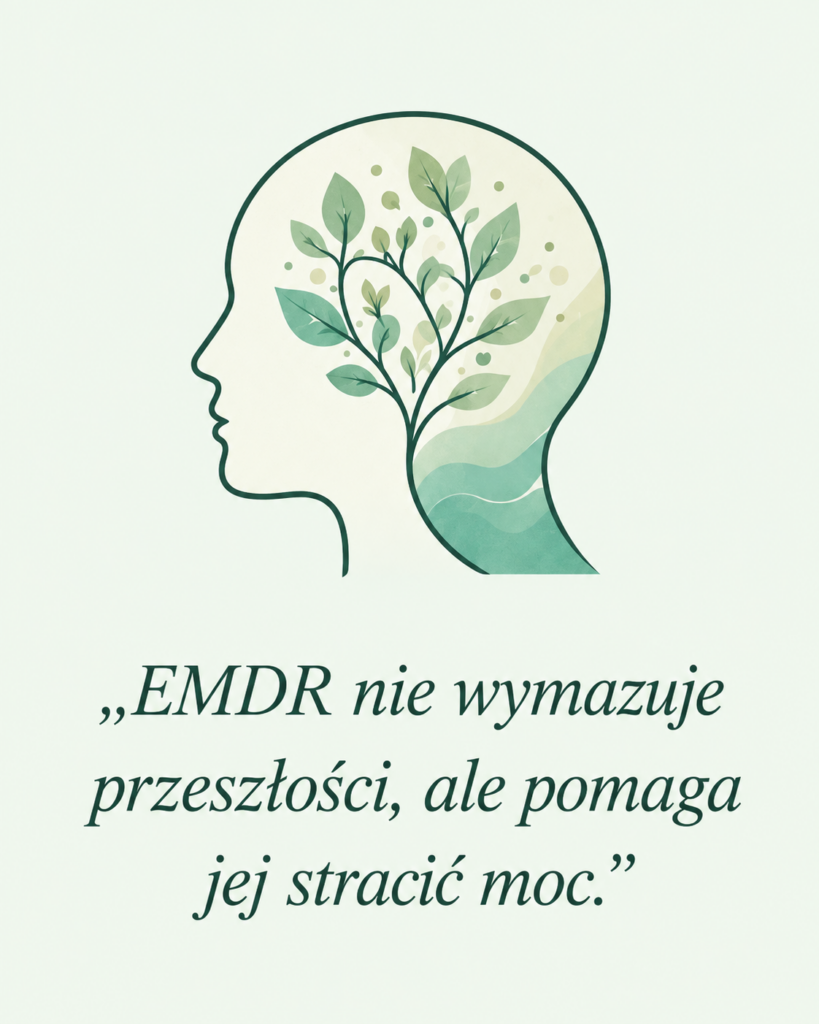 Ilustracja głowy z drzewem i cytat: „EMDR nie wymazuje przeszłości, ale pomaga jej stracić moc.”